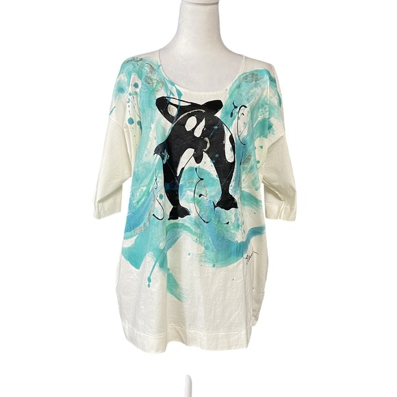 Vintage Sarah Handpainted Shirt Womens XL White Aqua Orca Whale‎ Art 80s Tee Top - Picture 1 of 16